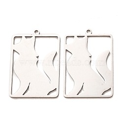 201 Stainless Steel Pendants, Rectangle with Fox Charms, Laser Cut, Cut-Out, Stainless Steel Color, 29x20x1mm, Hole: 1.5mm(SA-CBA49C1-04P)