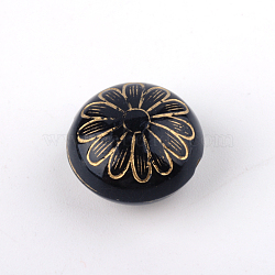 Flat Round with Flower Plating Acrylic Beads, Golden Metal Enlaced, Black, 16x10mm, Hole: 1.5mm, about 380pcs/500g(PACR-Q102-213B)