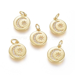 Brass Micro Pave Cubic Zirconia Pendants, with Jump Ring, Long-Lasting Plated, Flat Round with Star & Moon, Clear, Real 18K Gold Plated, 14x12x2mm, Hole: 3.5mm(X-ZIRC-G166-17G)
