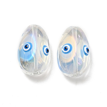 Transparent Glass Beads, with Enamel, Teardop with Evil Eye Pattern, Deep Sky Blue, 20.5x13x10mm, Hole: 1.2mm