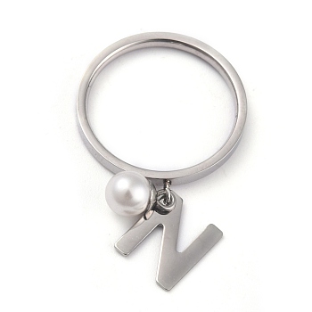 Dual-use Items, 304 Stainless Steel Finger Rings or Pendants, with Plastic Round Beads, Stainless Steel Color, White, Letter.N, US Size 5~9(15.7~18.9mm)