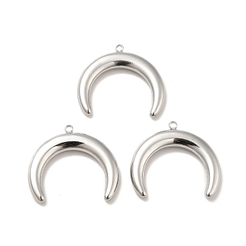 304 Stainless Steel Pendants, Double Horn/Crescent Moon, Stainless Steel Color, 21.5x24x3.5mm, Hole: 1.5mm