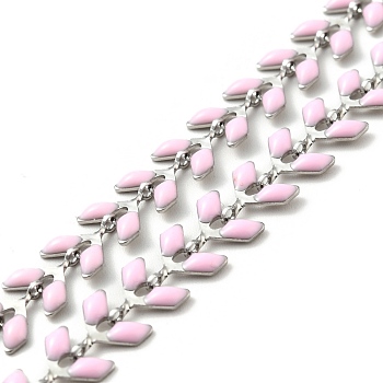 304 Stainless Steel Cobs Chains, with Enamel, Soldered, with Spool, Pink, 6x1.5~2mm