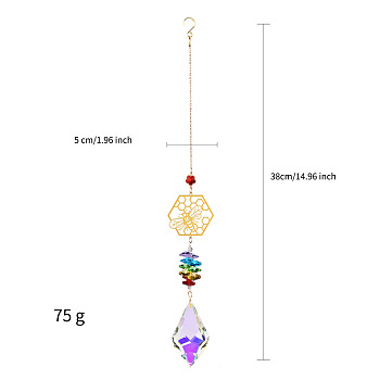 Glass Leaf Pendant Decorations, with Metal Link, Hanging Suncatcher Home Decorations, Hexagon & Bees, 380x50mm