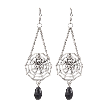 Halloween Themed Spider Alloy Dangle Earrings, with 304 Stainless Steel Earring Hooks, Glass Beads and Iron Twisted Chains, Platinum, 77x27mm