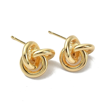 Brass Interlocking Rings Knot Stud Earrings for Women, Real 18K Gold Plated, 12.5x12.5mm, Pin: 0.7mm