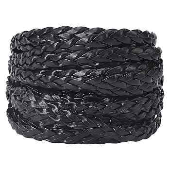 Flat PU Leather Braided Cord, for Craft Making, Black, 7x2mm, about 5.47 Yards(5m)/Bundle