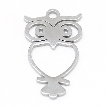 304 Stainless Steel Pendants, Owl, Stainless Steel Color, 21x12.5x1mm, Hole: 2mm