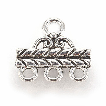 Tibetan Style Alloy Chandelier Components Links, 3-Strand Reducer Connector, Rectangle, Antique Silver, 14x13.3x2mm, Hole: 2.1mm and 1.6mm