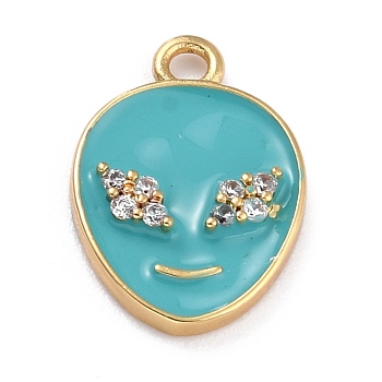 Golden Plated Brass Micro Pave Clear Cubic Zirconia Pendants, with Enamel, Long-Lasting Plated, Extra-terrestrial, Medium Turquoise, 17x11.5x2mm, Hole: 1.6mm