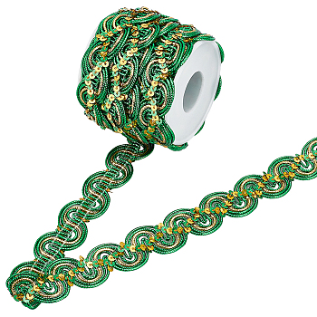 15 Yards Sparkle Polyester Lace Ribbon, Wave Edge Lace Trimming with Paillette, Clothing Accessories, Green, 7/8 inch(23mm)