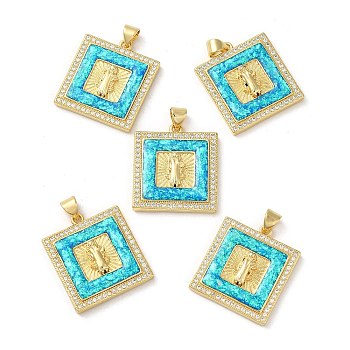 Rack Plating Brass Micro Pave Cubic Zirconia with Synthetic Opal Pendants, with Jump Ring, Lead Free & Cadmium Free, Long-Lasting Plated, Square with Saint, Real 18K Gold Plated, 24x21.5x4mm, Hole: 5x3.4mm