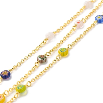 Handmade Millefiori Glass Lampwork Beaded Chains, Real 18K Gold Plated Brass Cable Chains, with Spool, Cadmium Free & Lead Free, Mixed Color, Chain Link: 2.5x2x0.5mm, Flat Round: 13~13.5x6x2.5~3mm