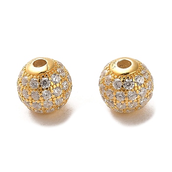 925 Sterling Silver Micro Pave Cubic Zirconia Beads, Round, Real 18K Gold Plated, Clear, 6x5.5mm, Hole: 1.4mm