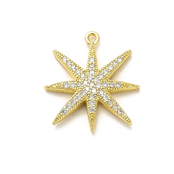 Rack Plating Brass Micro Pave Clear Cubic Zirconia Pendants, Long-Lasting Plated, Lead Free & Cadmium Free, Star Charms, Real 18K Gold Plated, 22x19.5x3mm, Hole: 1.2mm