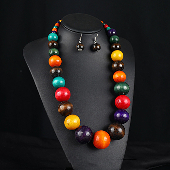 Bohemian Style Wood Beaded Multilayer Necklaces & Dangle Earrings Sets, Round, Colorful, 640mm