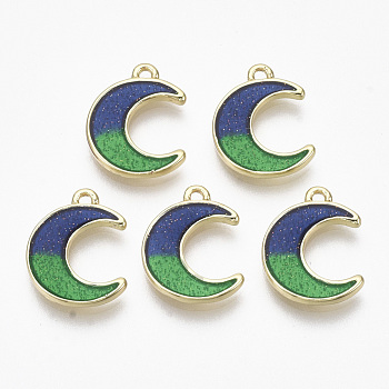 Alloy Enamel Charms, with Flitter Powder, Cadmium Free & Nickel Free & Lead Free, Moon, Light Gold, Green, Blue, 15x11.5x2mm, Hole: 1.2mm