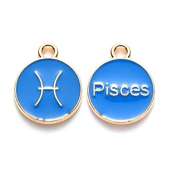Alloy Enamel Pendants, Cadmium Free & Lead Free, Flat Round with Constellation, Light Gold, Dodger Blue, Pisces, 15x12x2mm, Hole: 1.5mm
