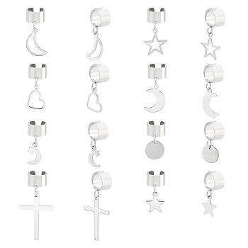 8 Pairs 8 Styles 304 Stainless Steel Charms Cuff Earrings, Moon & Heart & Star & Cross, Stainless Steel Color, 20~36mm, 1pair/style