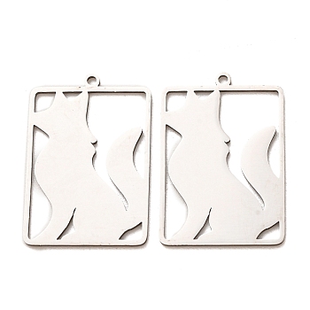 201 Stainless Steel Pendants, Rectangle with Fox Charms, Laser Cut, Cut-Out, Stainless Steel Color, 29x20x1mm, Hole: 1.5mm