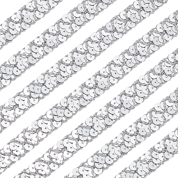 Plastic & Polyester Paillette Elastic Beads, Sequins Beads, Ornament Accessories, 2 Rows Paillette Roll, Flat Round, Silver, 15~16x1mm, 13m/card