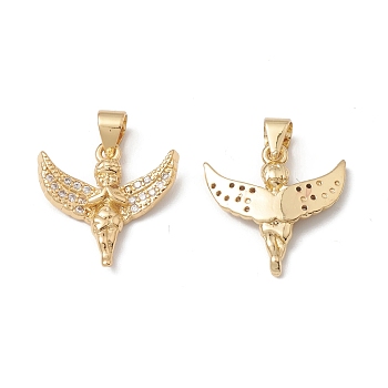 Rack Plating Brass Pendants, with Cubic Zirconia, Angel Charm, Cadmium Free & Lead Free, Long-Lasting Plated, Real 18K Gold Plated, 17x17x3mm, Hole: 5x3.5mm