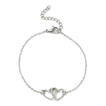 Alloy Interflocking Heart Link Bracelet with Brass Cable Chains, Platinum, 7-1/8 inch(18.2cm)