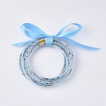 PVC Plastic Buddhist Bangle Sets, Jelly Bangles, with PU Leather Cords Inside and Polyester Ribbon, Deep Sky Blue, 2-1/2 inch(6.3cm), 5pcs/set