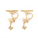 Brass Micro Pave Clear Cubic Zirconia Toggle Clasps, Nickel Free, Butterfly & Bar, Real 18K Gold Plated, Butterfly: 23.5x14.5x3.5mm, Bar: 21x4x2mm, Hole: 1.5mm~1.8mm(X-KK-S354-292-NF)
