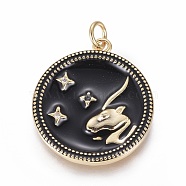 Brass Micro Pave Cubic Zirconia Pendants, with Enamel and Jump Ring, Flat Round with Constellations, Golden, Capricorn, 23x21x2.5mm, Hole: 3mm(ZIRC-L083-013B-12G)