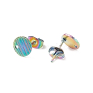 Ion Plating(IP) 304 Stainless Steel Ear Stud Findings, with Ear Nuts/Earring Backs and Hole, Textured Flat Round with Cross Grain, Rainbow Color, 8mm, Hole: 1.2mm, Pin: 0.8mm(STAS-O119-17A-M)