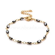 Enamel Horse Eye Link Chains Bracelet, Vacuum Plating 304 Stainless Steel Jewelry for Women, Golden, Black, 6-3/4 inch(17.1cm)(BJEW-P271-05G-04)