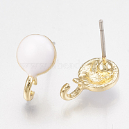 Alloy Stud Earring Findings, with Loop, Raw(Unplated) Pins and Enamel, Half Round, Light Gold, White, 14x9mm, Hole: 2mm, Pin: 0.7mm(ENAM-S116-20D)
