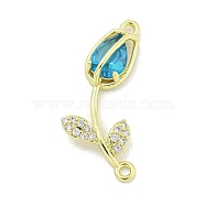 Rack Plating Brass Micro Pave Clear Cubic Zirconia Flower Connertor Charms, Rose Glass Links, Real 18K Gold Plated, Cadmium Free & Lead Free, Long-Lasting Plated, Deep Sky Blue, 26x14x4.5mm, Hole: 1.5mm(KK-Z043-03E)