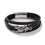 Men's Black PU Leather Cord Multi-Strand Bracelets, Leopard 304 Stainless Steel Link Bracelets with Magnetic Clasps, Antique Silver, 8-1/2 inch(21.6cm)(BJEW-K243-24AS)