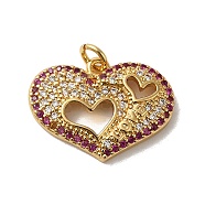 Rack Plating Brass Micro Pave Cubic Zirconia Pendants, with Jump Ring, Long-Lasting Plated, Lead Free & Cadmium Free, Valentine Heart Charm, Real 18K Gold Plated, 15x20.5x3.5mm, Hole: 3mm(KK-K377-76G)