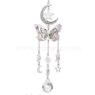 Alloy Hollow Moon Butterfly Hanging Ornaments, Natural Amethyst Chip & Glass Round Tassel Suncatchers for Home Garden Decorations, 270mm(HJEW-TA00173-01)