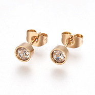 304 Stainless Steel Ear Studs, with Rhinestone, Flat Round, Crystal, Golden, 13.5~14mm, Pin: 0.7mm(STAS-I113-06G)