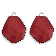 Faceted Glass Pendants, with Alloy Settings, Cadmium Free & Lead Free, Hexagon, Platinum Plated, Dark Red, 38x29x6.5mm, Hole: 3mm(PALLOY-N167-01-03P-RS)