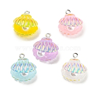 Iridescent Color Resin Pendants, AB Color Shell Shaped Charms with Plastic Imitation Pearl Bead and Platinum Tone Iron Loops, Mixed Color, 21.5x18x12mm, Hole: 2mm(RESI-H151-03)