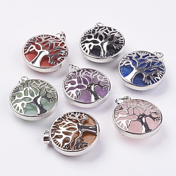 Natural & Synthetic Mixed Stone Pendants, with Platinum Tone Brass Findings, Flat Round with Tree of Life, 31.5x28x11.5mm, Hole: 5x7mm(KK-K216-A)