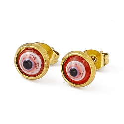 Resin Evil Eye Stud Earrings, Golden 304 Stainless Steel Jewelry for Women, Red, 7.5mm, Pin: 0.8mm(EJEW-P212-17G-01)