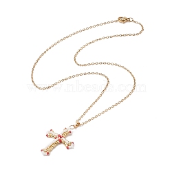 Japanese Seed Beaded Cross Pendant Necklace, Golden 304 Stainless Steel Jewelry for Women, Red, 17.60 inch(44.7cm)(NJEW-MZ00013)