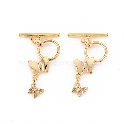Brass Micro Pave Clear Cubic Zirconia Toggle Clasps, Nickel Free, Butterfly & Bar, Real 18K Gold Plated, Butterfly: 23.5x14.5x3.5mm, Bar: 21x4x2mm, Hole: 1.5mm~1.8mm(X-KK-S354-292-NF)