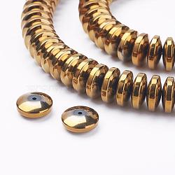Electroplate Non-Magnetic Synthetic Hematite Beads Strands, Heishi Beads, Flat Round/Disc, Golden Plated, 11x4mm, Hole: 1mm, about 93pcs/strand, 15.6 inch(39.7cm)(G-F510-03G)