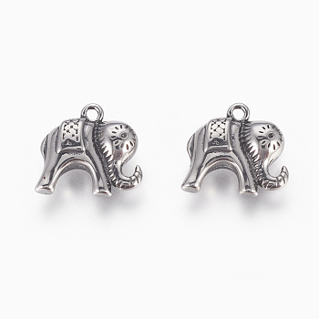 304 Stainless Steel Pendants, Elephant, Antique Silver, 14.5x15x5mm, Hole: 1.5mm