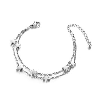 SHEGRACE Chic Titanium Steel Multi-strand Bracelets, Double Layered Bracelet, with Stars, Stainless Steel Color, 150mm
