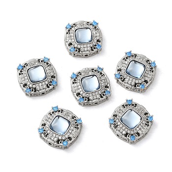 Brass Micro Pave Cubic Zirconia Multi-Strand Links, with Resin Imitation Aquamarine, Square Connector, Real Platinum Plated, 14x14x5.5mm, Hole: 1mm