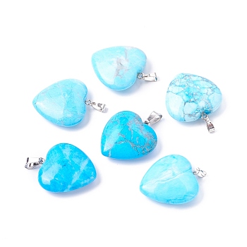 Natural Turquoise Pendants, with Platinum Tone Brass Findings, Heart, 27~28x24.5~26x6~8.5mm, Hole: 2.4x5.6mm