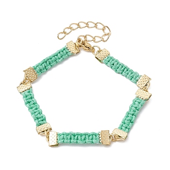 Braided Waxed Polyester Rectangle Link Chain Bracelets, with Real 18K Gold Plated 304 Stainless Steel Clasps, Medium Aquamarine, 6-3/4 inch(17.3cm)